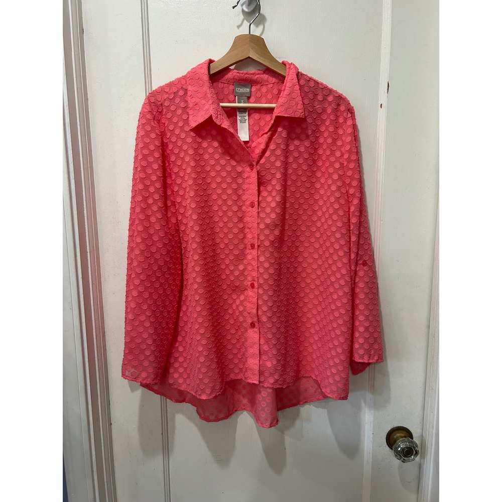 Chico's Coral Pink Polka Dot Clip Dot Button Down Blouse Size 3 XL Long Sleeve